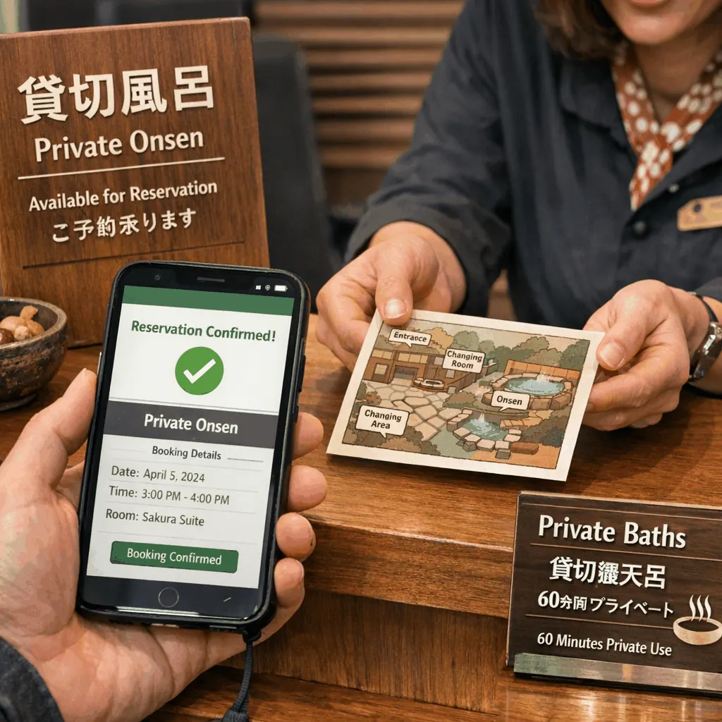 Example interior of a private kashikiri family bath room used for reservable onsen access