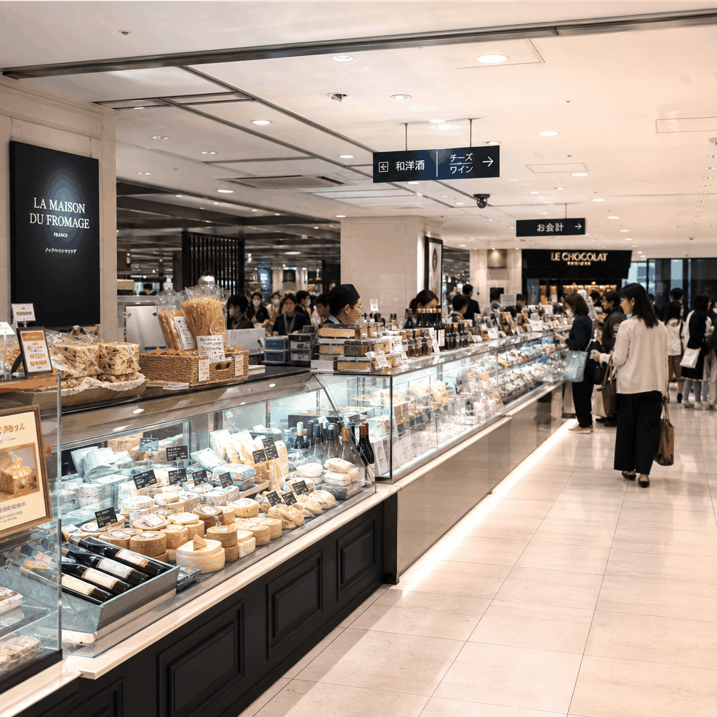 Tokyo depachika food floor with international cheese, wine, and deli counters in a department