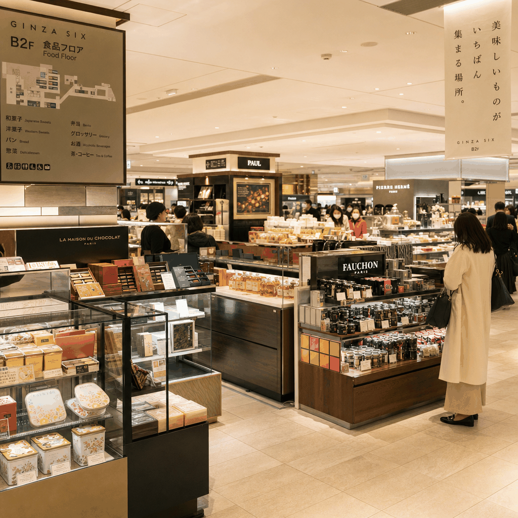 Shinjuku department store depachika counter displaying imported sweets and gourmet food items