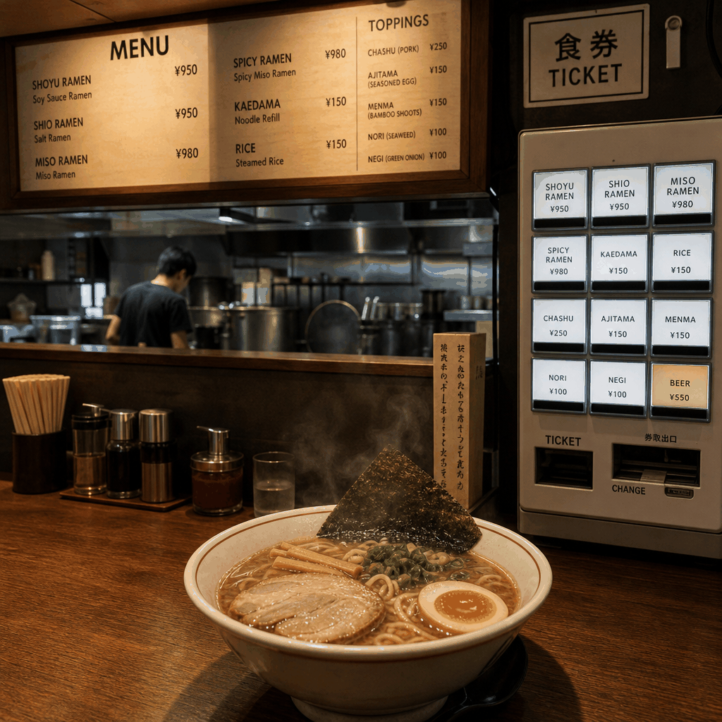 English-friendly ramen shop entrance in Tokyo with clear signage and a ticket machine