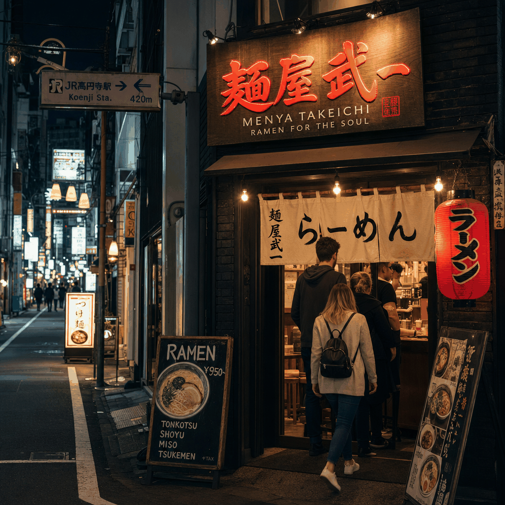 Bowl of Tokyo ramen at a busy ramen street location with multilingual ordering options