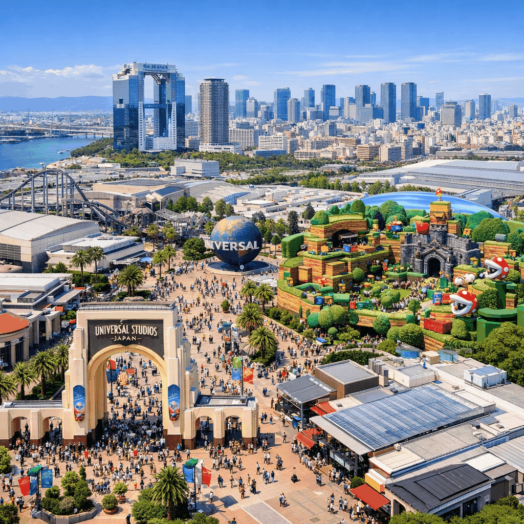Entrance plaza and Universal Studios Japan sign at Universal City, Osaka