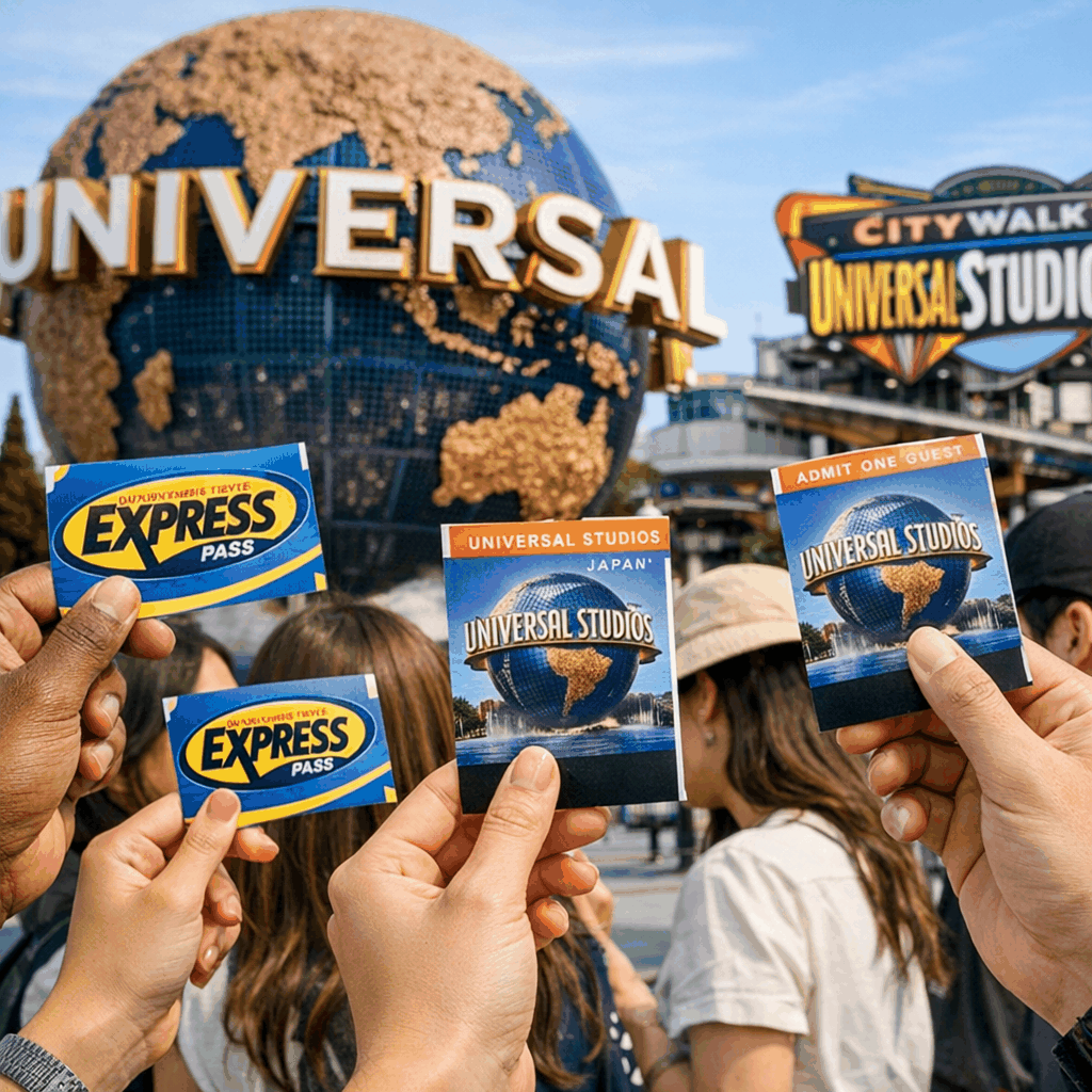 Crowd at Super Nintendo World with Mario-themed attractions in the background