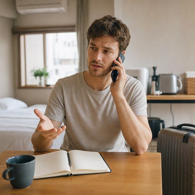 Traveler in a Japan rental apartment needing local reservation help