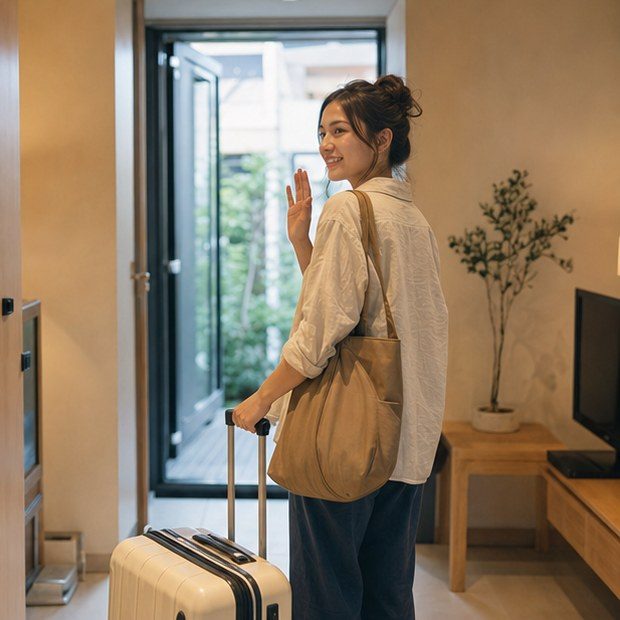 Satisfied guest leaving a Japan rental apartment for a local outing