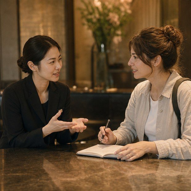 Coordinator discussing event details with venue staff in Japan