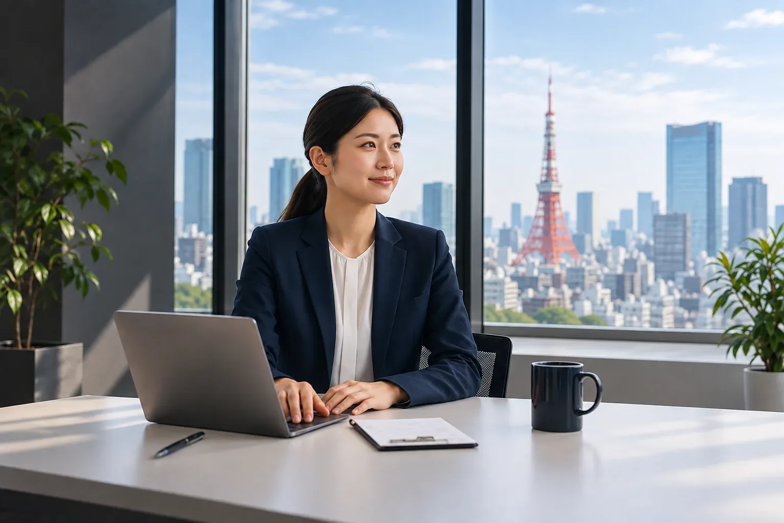 Person at a laptop with Tokyo Tower visible through a window