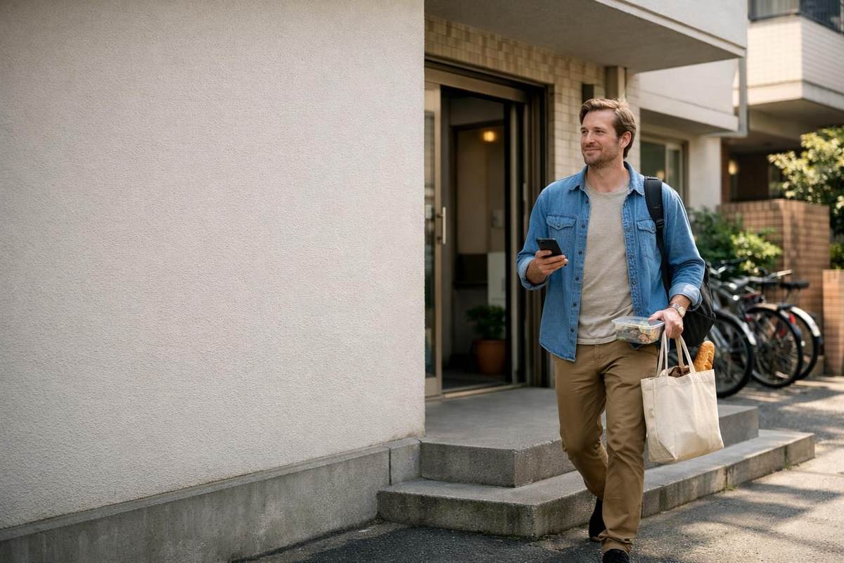 Foreign resident leaving a Japanese apartment with daily tasks organized