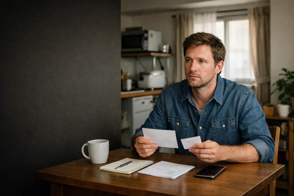 Foreign resident reviewing everyday correspondence in a Japanese apartment
