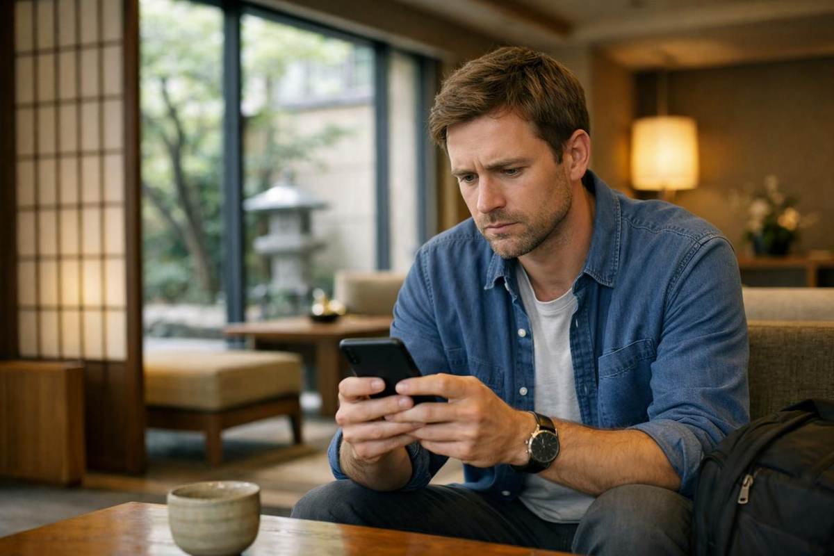 Traveler reviewing a booking problem in a Japanese hotel