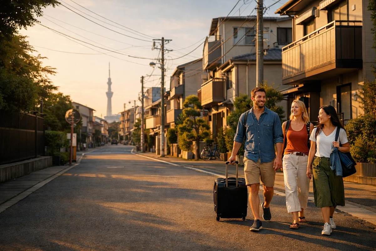Travelers walking through Tokyo after receiving practical support