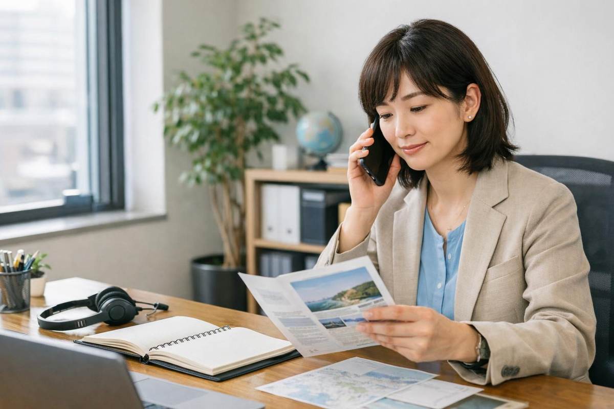 Bilingual coordinator making a phone call for a traveler