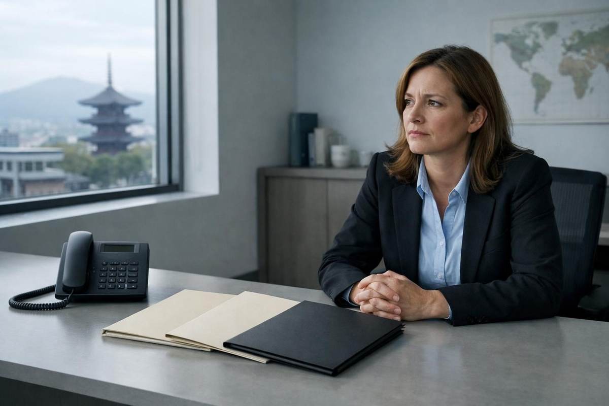 Travel operations professional waiting beside a phone and case folders