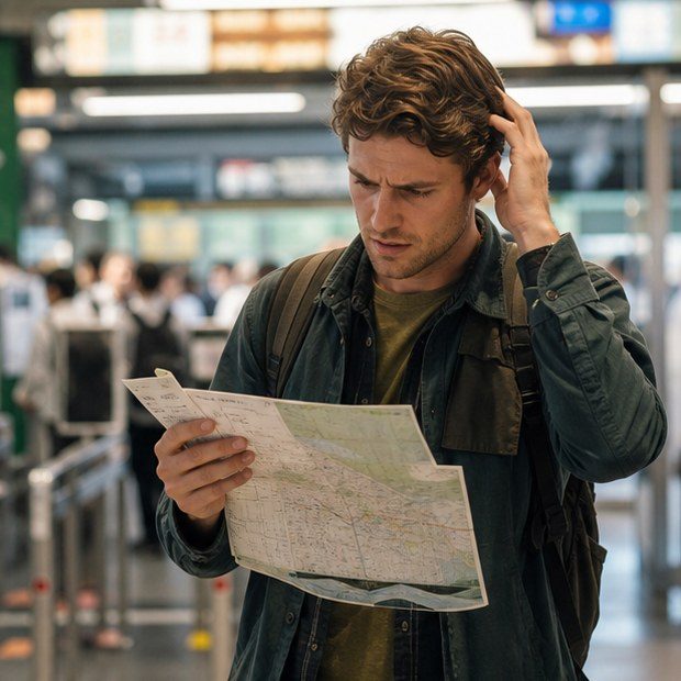 Traveler in Japan checking map and receipt while solving a local issue