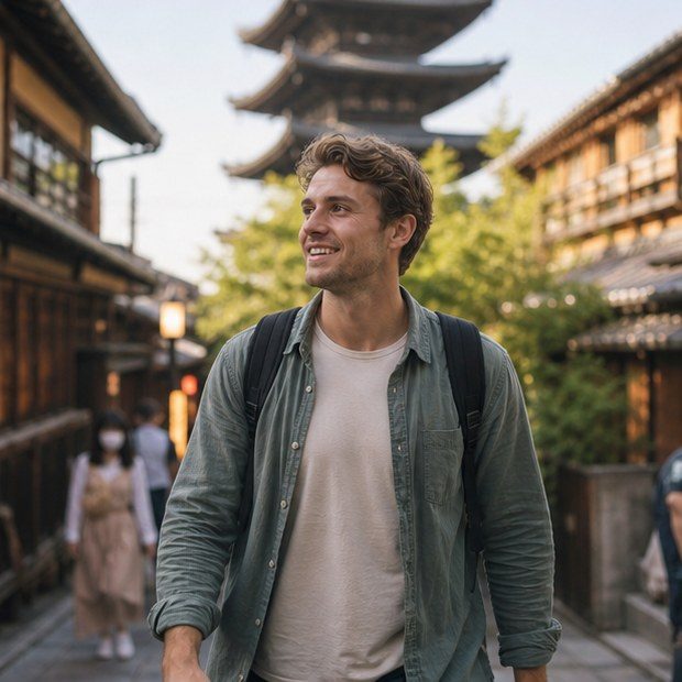Confident traveler continuing a Japan trip after concierge support