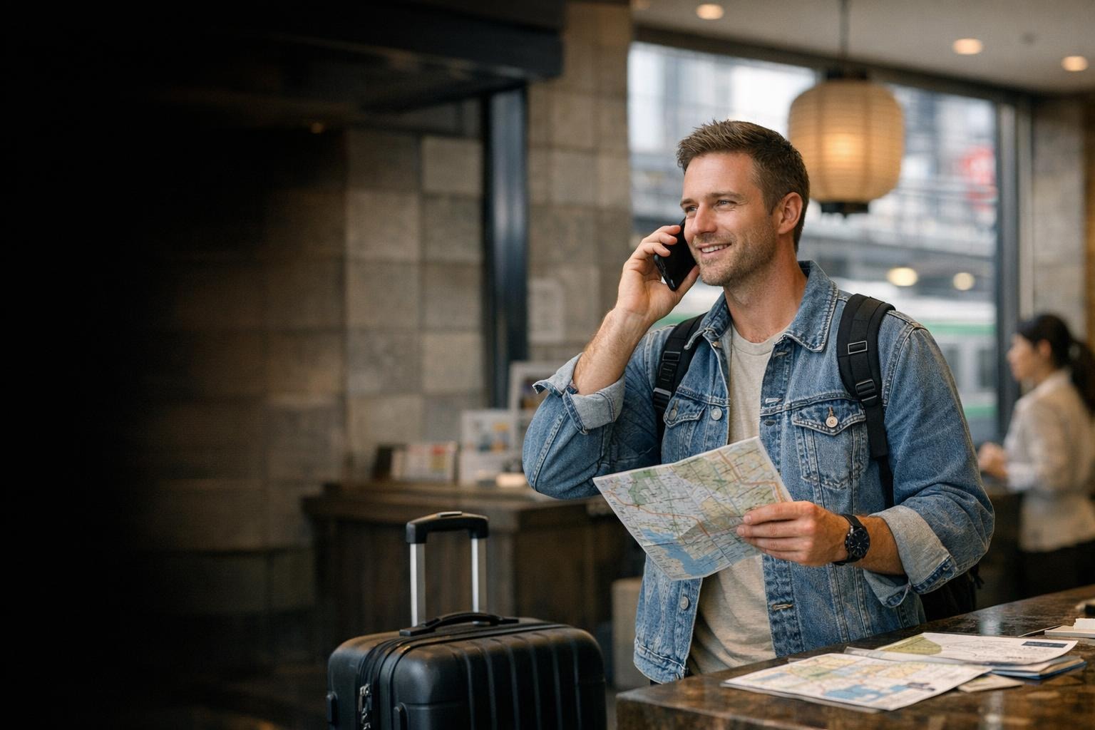 Tourist in Japan using phone support for practical travel help