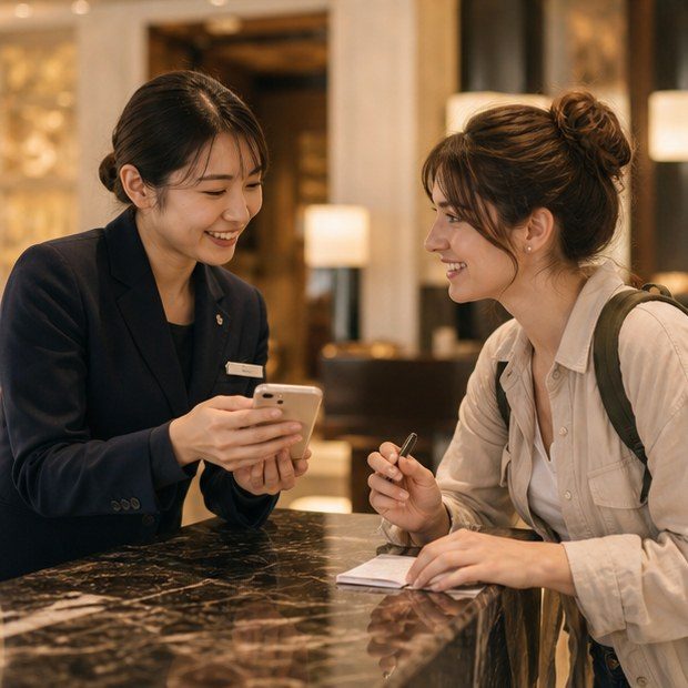 Hotel concierge style coordination helping a traveler in Japan