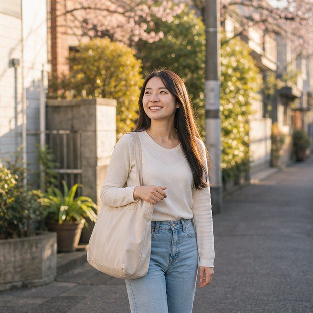 Confident international student walking through a Japanese neighborhood
