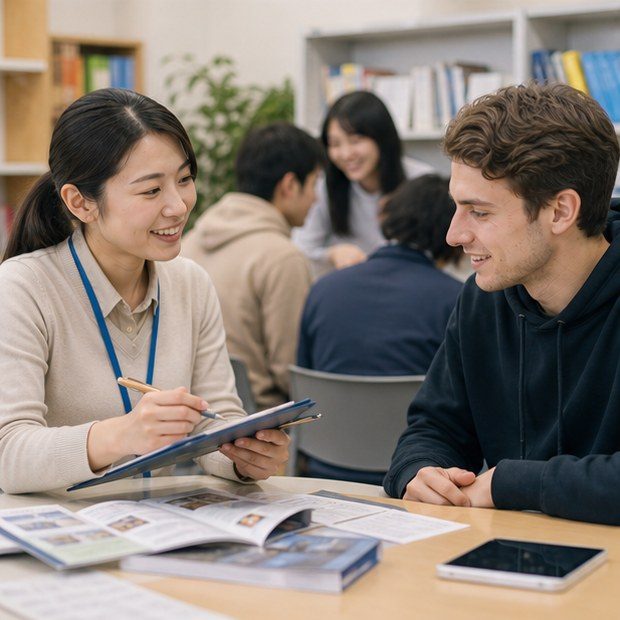 Student support coordinator helping with daily life tasks in Japan
