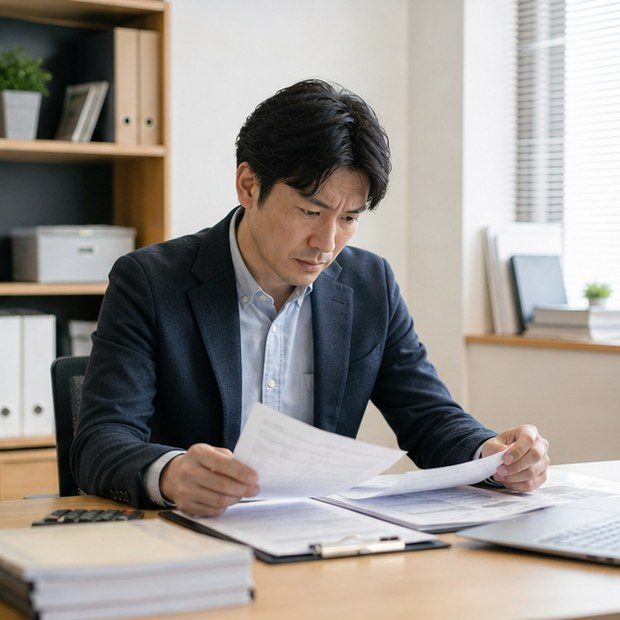 Property manager reviewing foreign tenant support paperwork in Japan