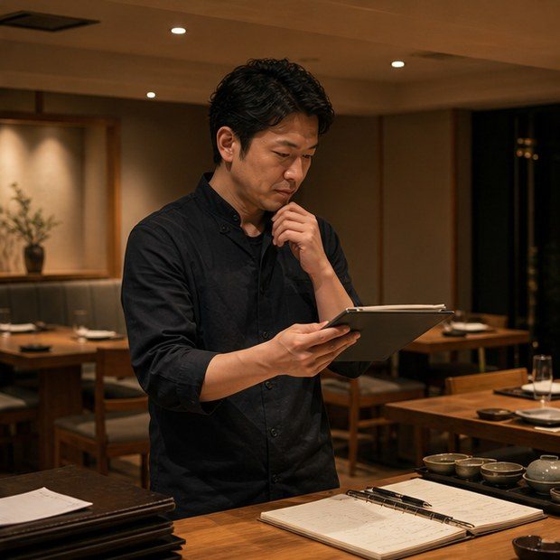 Restaurant manager reviewing booking details before service