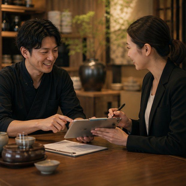 Restaurant staff and coordinator clarifying foreign customer reservation details