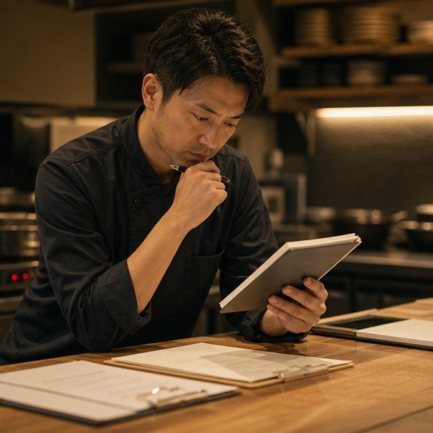 Restaurant manager checking reservation details before service in Japan