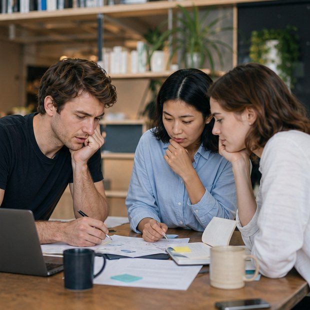 Small startup team reviewing Japanese vendor and meeting coordination notes