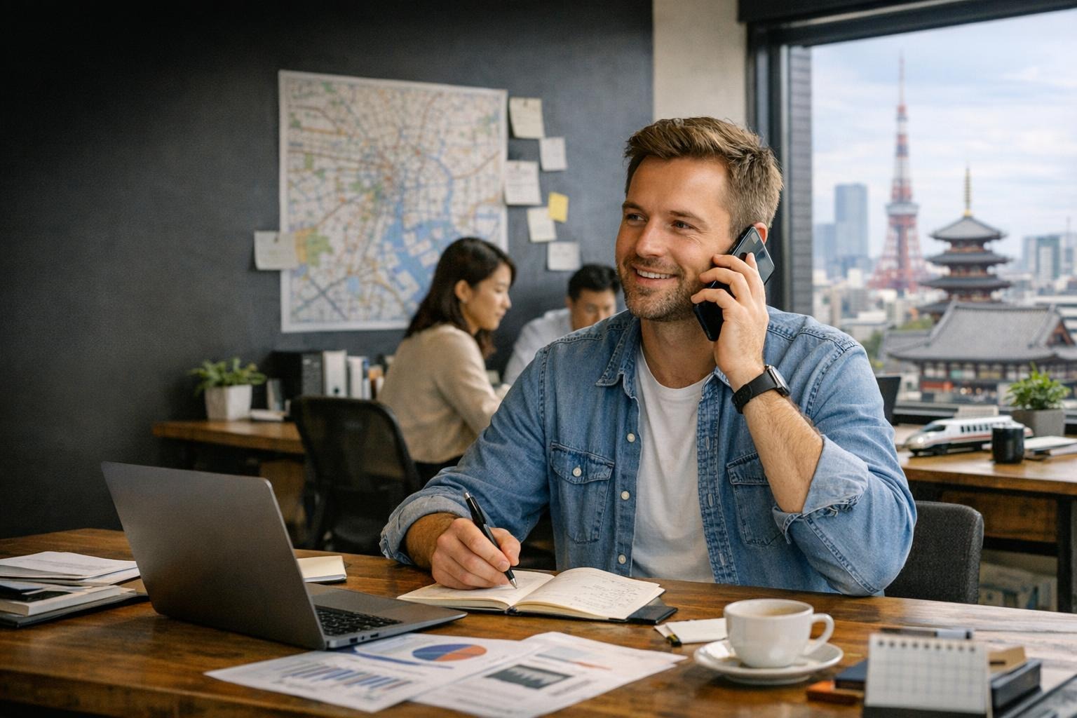 Foreign startup founder in Japan coordinating business tasks by phone