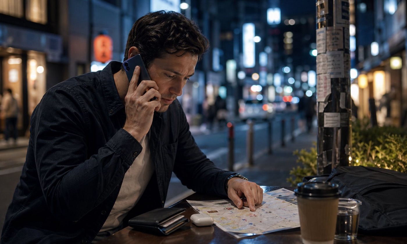 Traveler in Japan coordinating a lost item recovery request by phone
