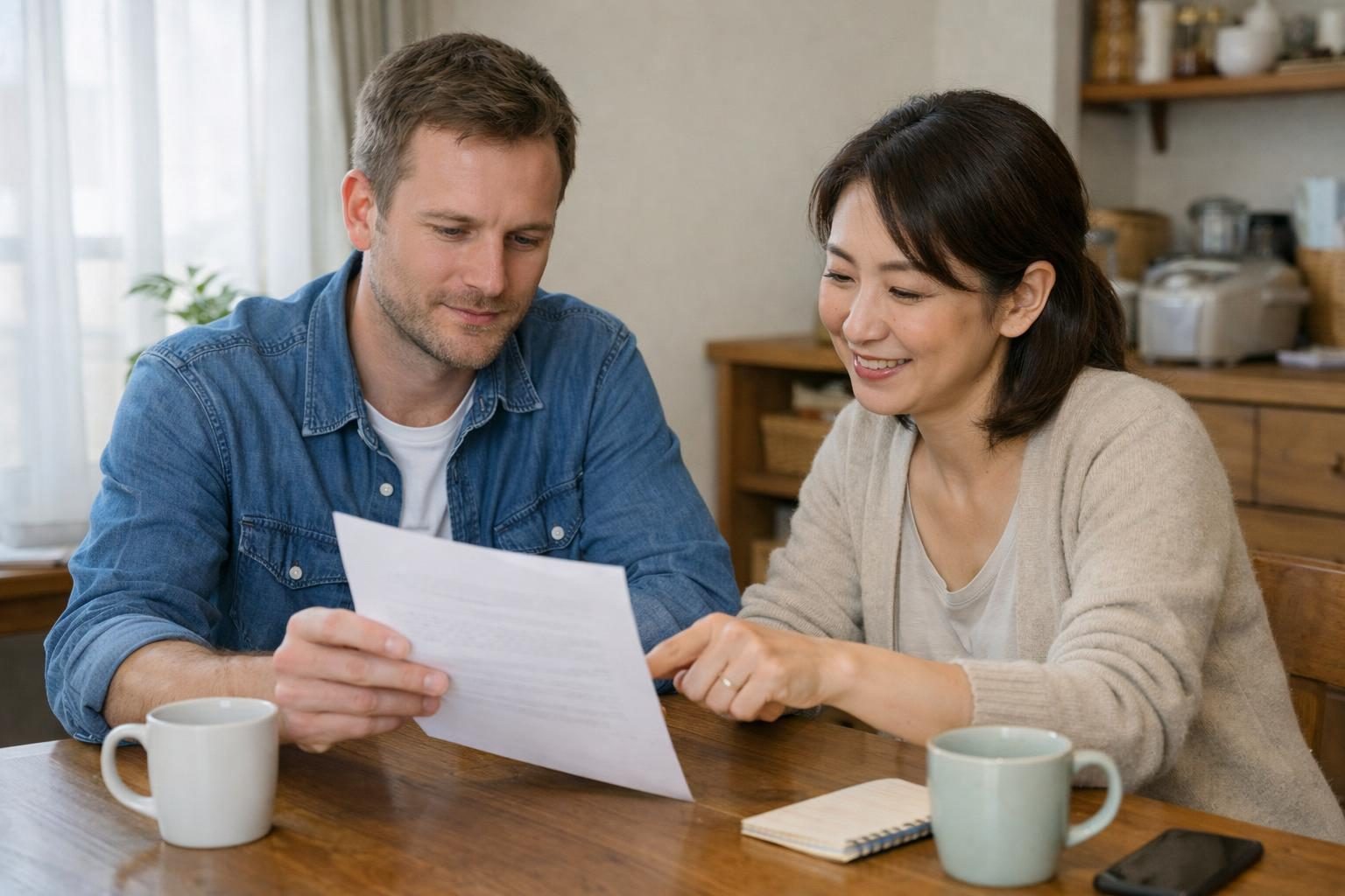 Foreign resident reviewing a Japanese letter with a bilingual helper