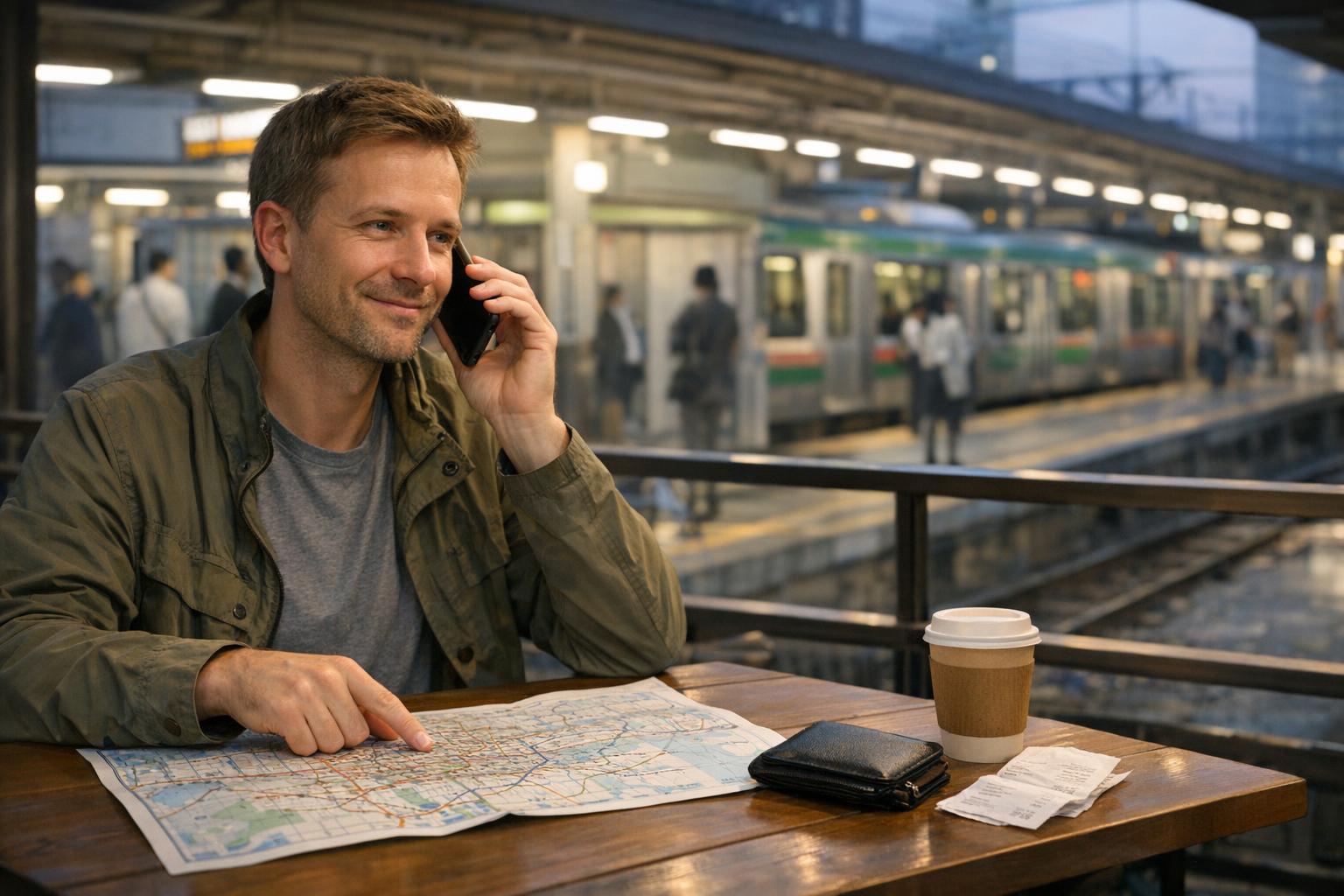 Traveler in Japan coordinating lost item recovery help by phone