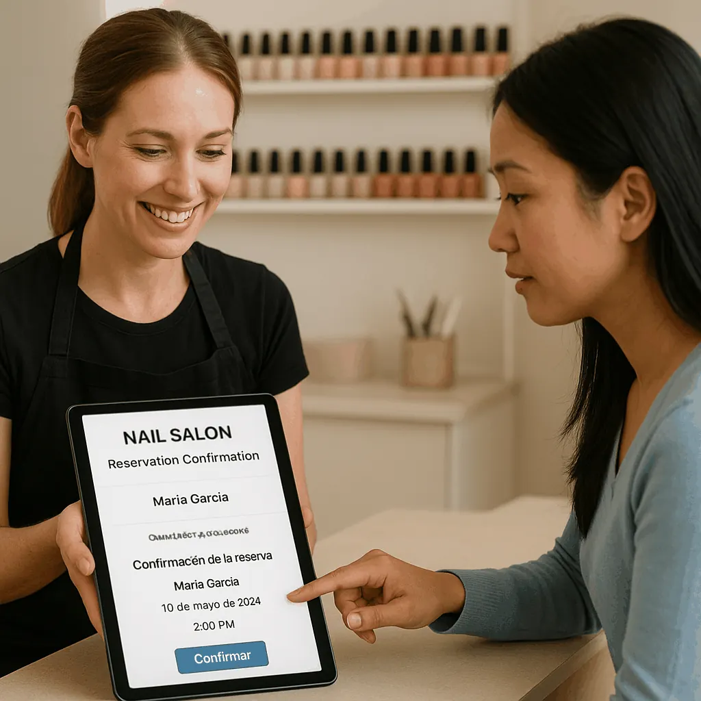 Assistant confirming a nail salon reservation on a tablet for a foreign visitor
