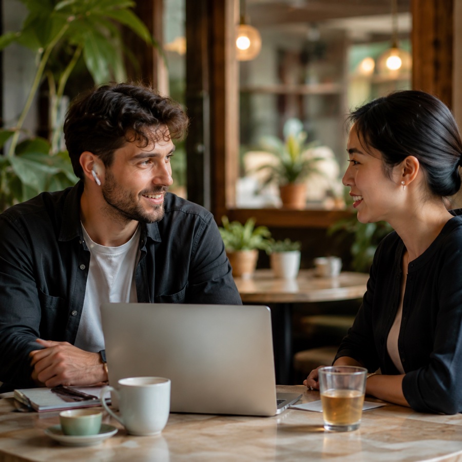 Two people working through an everyday task together