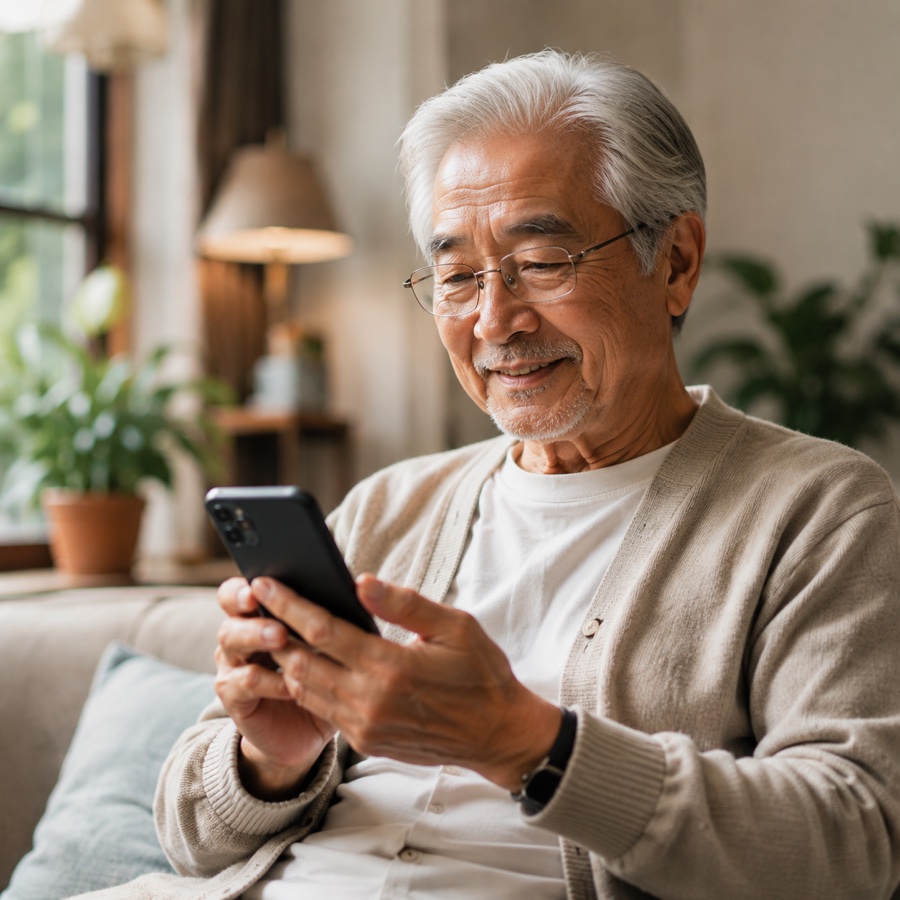 Older resident using a smartphone at home in Japan
