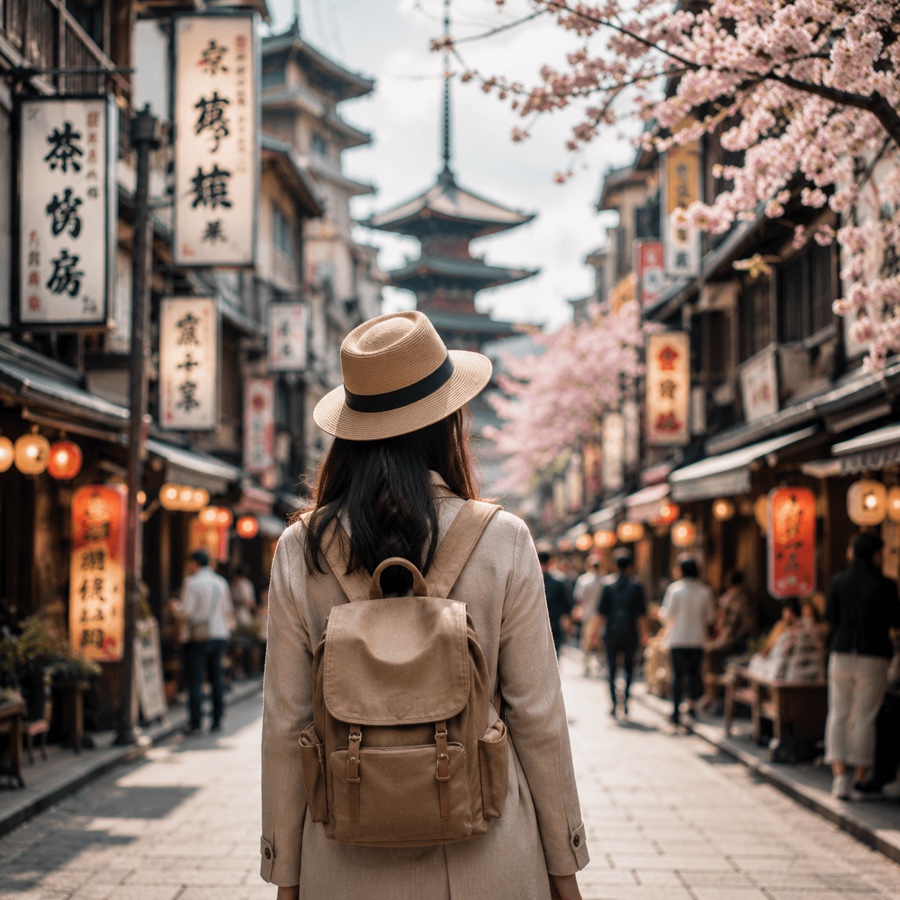 Traveller exploring a traditional neighborhood in Japan