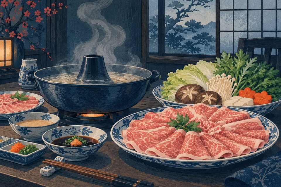 Illustration: a shabu-shabu pot with meat and vegetables