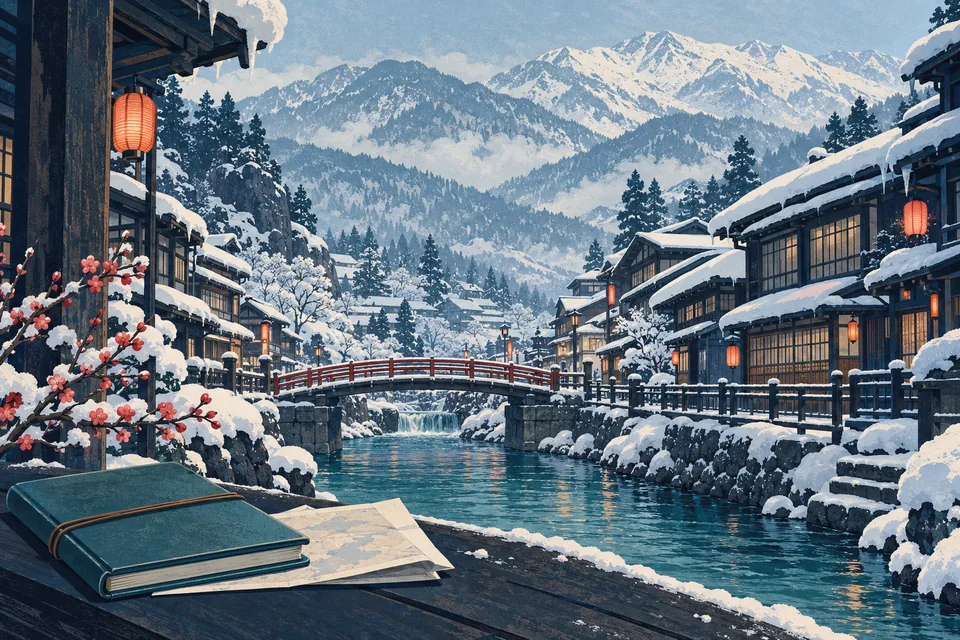 Illustration: a snowy hot-spring town and a travel notebook