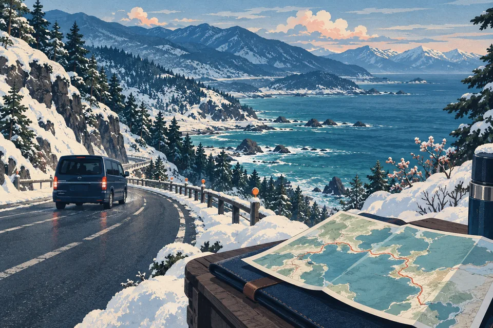 Illustration: a passenger van on a snowy Hokkaido coastal road