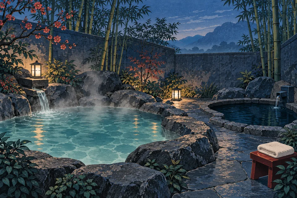 Illustration: an open-air stone bath and separate plunge pool at dusk