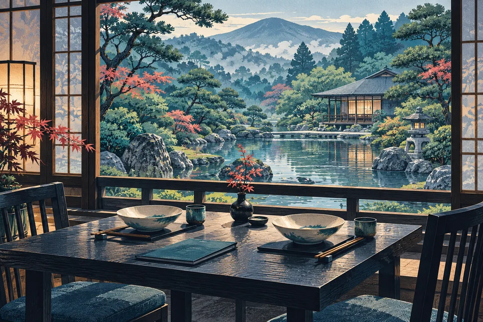 Illustration: a meal setting beside a garden-view window