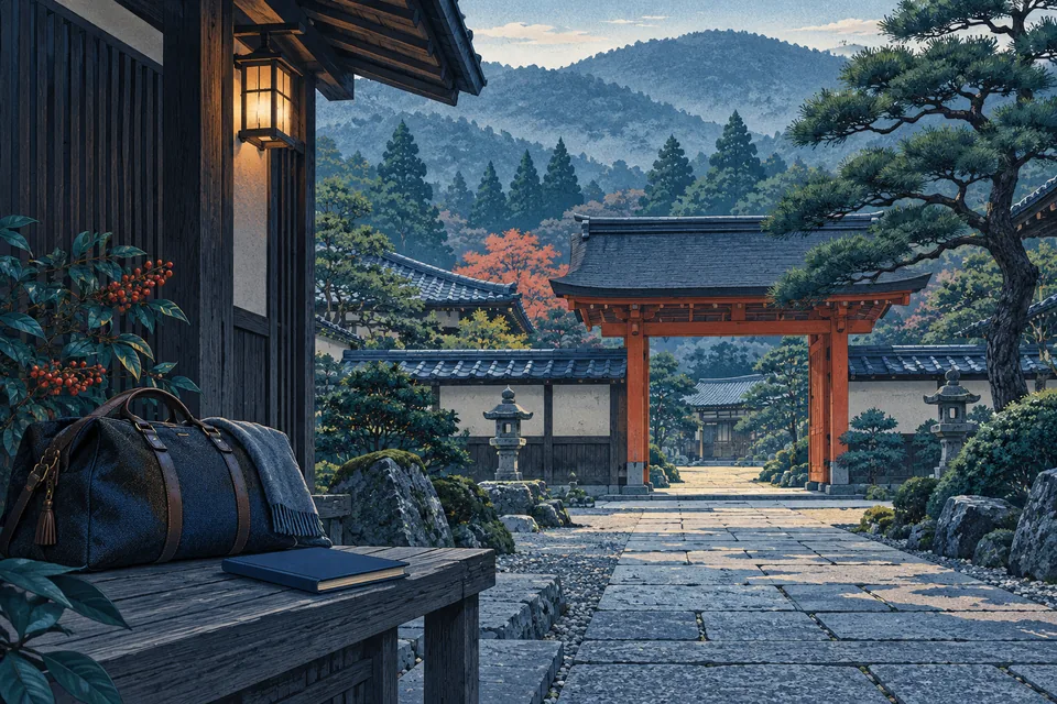 Illustration: a quiet temple approach and an overnight travel bag