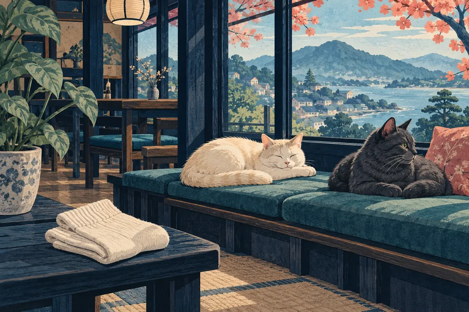 Illustration: two cats and a folded pair of cloth socks