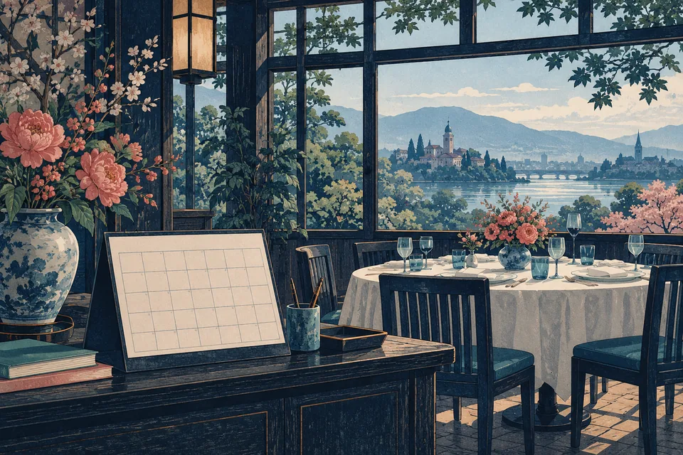 Illustration: an afternoon celebration table and booking calendar