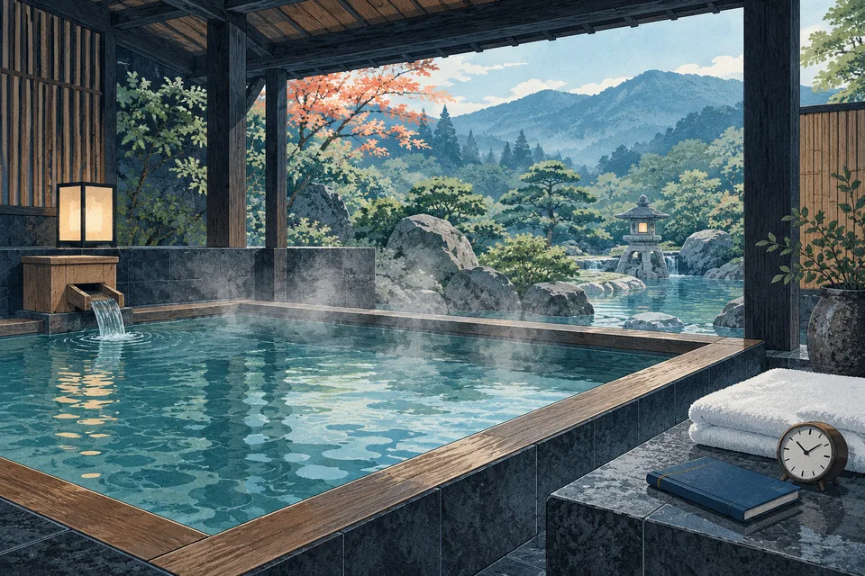 Illustration: a private bath and folded towel in afternoon light