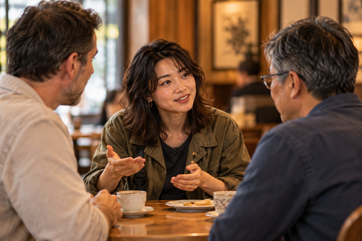 Illustration: an interpreter helping a conversation