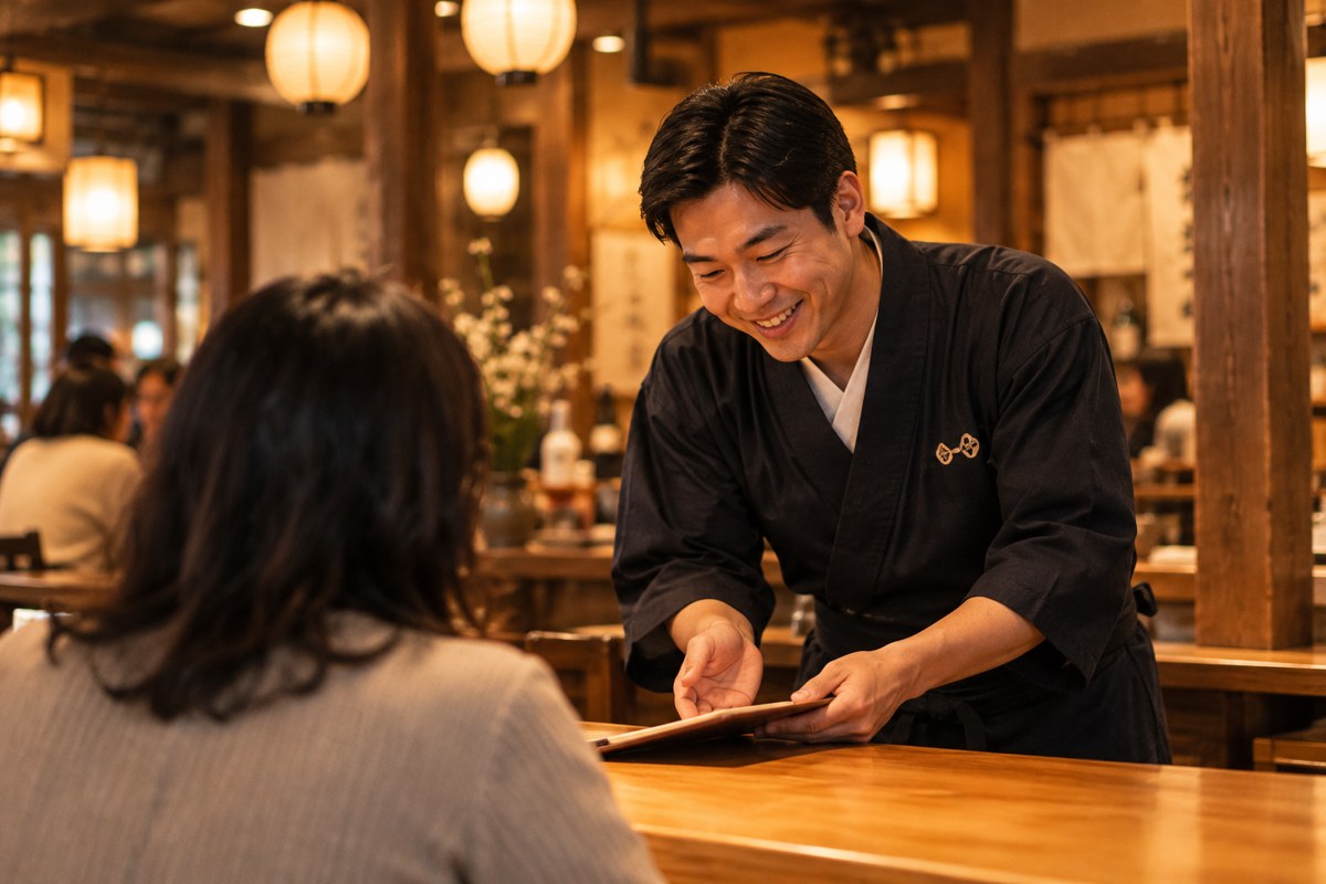 Illustration: a restaurant host welcoming a guest